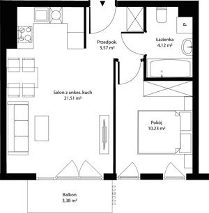2 pokoje, mieszkanie 39,43 m², piętro 1, oferta nr mieszkanie 6, Bytkowska 4.0, Katowice, Wełnowiec-Józefowiec, ul. Bytkowska