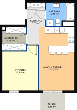 2 pokoje, mieszkanie 48,65 m², piętro 3, oferta nr B3.5, Enklawa Bukowa II, Kraków, Podgórze, Rybitwy, ul. Bukowa 65 i 69