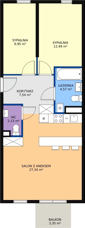 3 pokoje, mieszkanie 64,02 m², piętro 2, oferta nr B2.12, Enklawa Bukowa II, Kraków, Podgórze, Rybitwy, ul. Bukowa 65 i 69