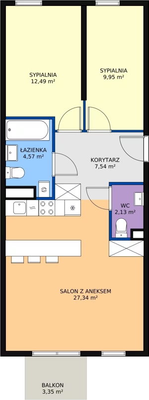 3 pokoje, mieszkanie 64,02 m², piętro 2, oferta nr B2.11, Enklawa Bukowa II, Kraków, Podgórze, Rybitwy, ul. Bukowa 65 i 69
