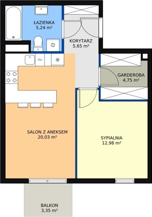 2 pokoje, mieszkanie 48,65 m², piętro 1, oferta nr B1.18, Enklawa Bukowa II, Kraków, Podgórze, Rybitwy, ul. Bukowa 65 i 69