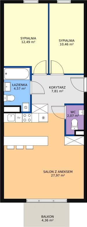 3 pokoje, mieszkanie 65,37 m², piętro 1, oferta nr B1.14, Enklawa Bukowa II, Kraków, Podgórze, Rybitwy, ul. Bukowa 65 i 69