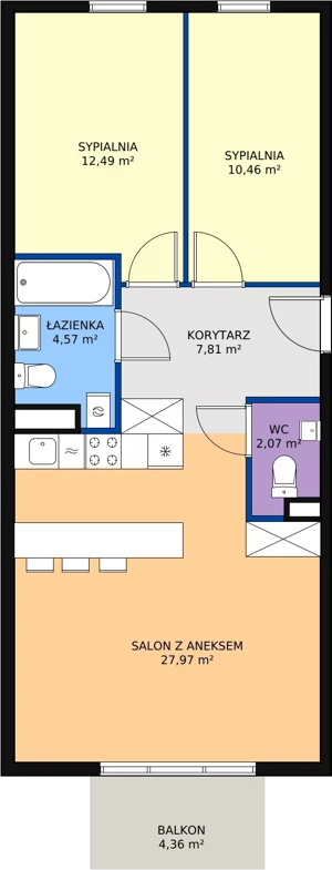 3 pokoje, mieszkanie 65,37 m², piętro 1, oferta nr B1.9, Enklawa Bukowa II, Kraków, Podgórze, Rybitwy, ul. Bukowa 65 i 69