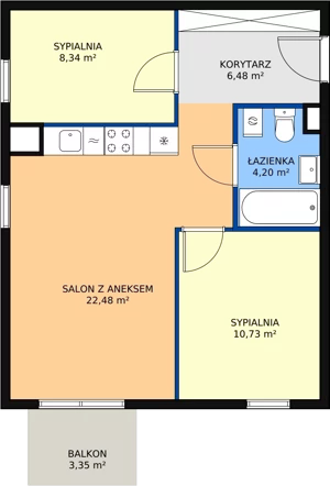 3 pokoje, mieszkanie 52,23 m², piętro 1, oferta nr B1.6, Enklawa Bukowa II, Kraków, Podgórze, Rybitwy, ul. Bukowa 65 i 69