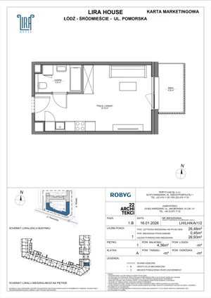 1 pokój, mieszkanie 26,48 m², piętro 1, oferta nr LH/LHA/A/1/2, Lira House, Łódź, Śródmieście, ul. Pomorska