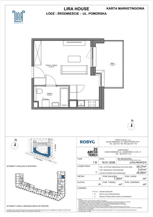 1 pokój, mieszkanie 26,27 m², piętro 2, oferta nr LH/LHA/H/2/3, Lira House, Łódź, Śródmieście, ul. Pomorska