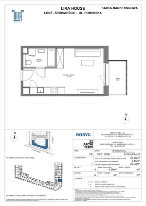 1 pokój, mieszkanie 26,48 m², piętro 4, oferta nr LH/LHA/A/4/2, Lira House, Łódź, Śródmieście, ul. Pomorska