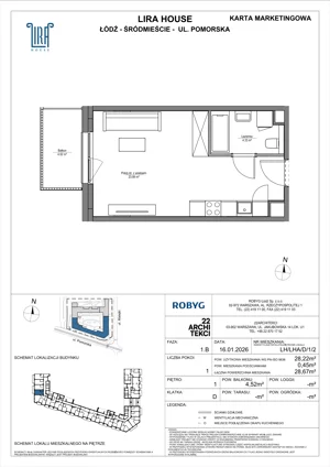 1 pokój, mieszkanie 28,22 m², piętro 1, oferta nr LH/LHA/D/1/2, Lira House, Łódź, Śródmieście, ul. Pomorska