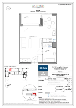 1 pokój, mieszkanie 33,12 m², piętro 4, oferta nr MC/G/A/4/4, Modern City etap G, Warszawa, Bemowo, Chrzanów, ul. Szeligowska