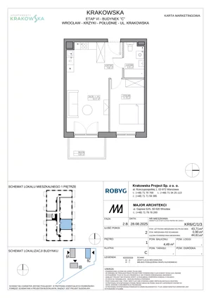 2 pokoje, mieszkanie 43,71 m², piętro 1, oferta nr KR6/C/1/3, Apartamenty Krakowska 6, Wrocław, Przedmieście Oławskie, Krzyki, ul. Krakowska