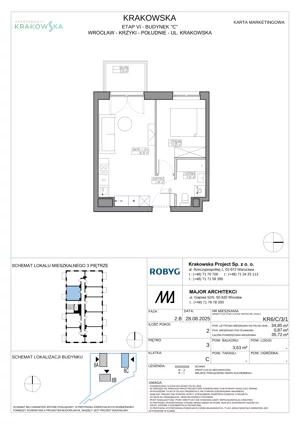 2 pokoje, mieszkanie 34,85 m², piętro 3, oferta nr KR6/C/3/1, Apartamenty Krakowska 6, Wrocław, Przedmieście Oławskie, Krzyki, ul. Krakowska