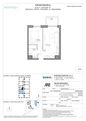 2 pokoje, mieszkanie 35,16 m², piętro 3, oferta nr KR6/C/3/9, Apartamenty Krakowska 6, Wrocław, Przedmieście Oławskie, Krzyki, ul. Krakowska