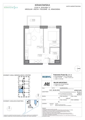 2 pokoje, mieszkanie 35,16 m², piętro 4, oferta nr KR6/C/4/9, Apartamenty Krakowska 6, Wrocław, Przedmieście Oławskie, Krzyki, ul. Krakowska