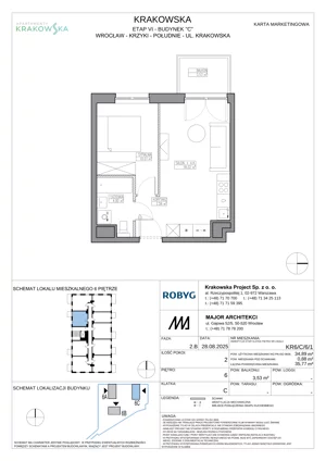 2 pokoje, mieszkanie 34,89 m², piętro 6, oferta nr KR6/C/6/1, Apartamenty Krakowska 6, Wrocław, Przedmieście Oławskie, Krzyki, ul. Krakowska
