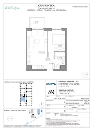 2 pokoje, mieszkanie 35,16 m², piętro 6, oferta nr KR6/C/6/9, Apartamenty Krakowska 6, Wrocław, Przedmieście Oławskie, Krzyki, ul. Krakowska