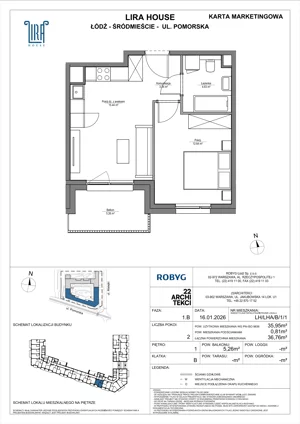 2 pokoje, mieszkanie 35,95 m², piętro 1, oferta nr LH/LHA/B/1/1, Lira House, Łódź, Śródmieście, ul. Pomorska