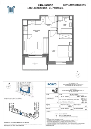 2 pokoje, mieszkanie 35,76 m², piętro 1, oferta nr LH/LHA/C/1/2, Lira House, Łódź, Śródmieście, ul. Pomorska