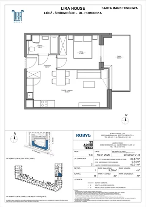 2 pokoje, mieszkanie 39,47 m², piętro 1, oferta nr LH/LHA/H/1/3, Lira House, Łódź, Śródmieście, ul. Pomorska