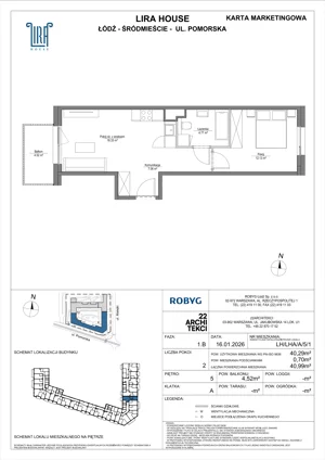 2 pokoje, mieszkanie 40,29 m², piętro 5, oferta nr LH/LHA/A/5/1, Lira House, Łódź, Śródmieście, ul. Pomorska