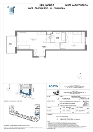 2 pokoje, mieszkanie 40,29 m², piętro 6, oferta nr LH/LHA/A/6/1, Lira House, Łódź, Śródmieście, ul. Pomorska