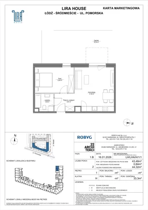 2 pokoje, mieszkanie 39,47 m², piętro 1, oferta nr LH/LHA/H/1/3, Lira House, Łódź, Śródmieście, ul. Pomorska