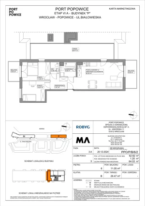 3 pokoje, mieszkanie 62,82 m², piętro 6, oferta nr PPO/P/B/6/2, Port Popowice IVa, Wrocław, Pilczyce-Kozanów-Popowice Północne, Popowice, ul. Białowieska