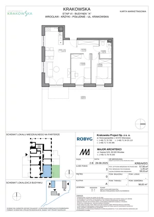 3 pokoje, mieszkanie 57,56 m², piętro 1, oferta nr KR6/A/1/3, Apartamenty Krakowska 6, Wrocław, Przedmieście Oławskie, Krzyki, ul. Krakowska