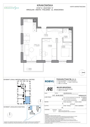 3 pokoje, mieszkanie 57,56 m², piętro 1, oferta nr KR6/A/1/3, Apartamenty Krakowska 6, Wrocław, Przedmieście Oławskie, Krzyki, ul. Krakowska
