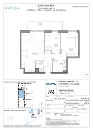 3 pokoje, mieszkanie 65,49 m², piętro 1, oferta nr KR6/A/1/6, Apartamenty Krakowska 6, Wrocław, Przedmieście Oławskie, Krzyki, ul. Krakowska