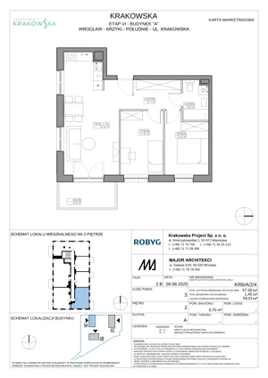 3 pokoje, mieszkanie 57,56 m², piętro 2, oferta nr KR6/A/2/4, Apartamenty Krakowska 6, Wrocław, Przedmieście Oławskie, Krzyki, ul. Krakowska
