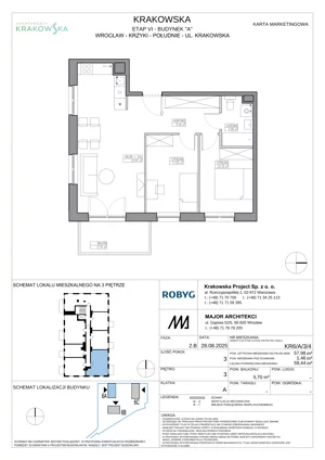 3 pokoje, mieszkanie 57,98 m², piętro 3, oferta nr KR6/A/3/4, Apartamenty Krakowska 6, Wrocław, Przedmieście Oławskie, Krzyki, ul. Krakowska
