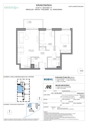 3 pokoje, mieszkanie 65,67 m², piętro 3, oferta nr KR6/A/3/7, Apartamenty Krakowska 6, Wrocław, Przedmieście Oławskie, Krzyki, ul. Krakowska