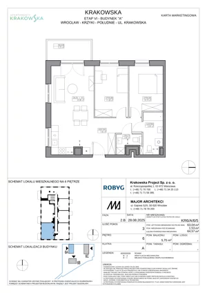 3 pokoje, mieszkanie 63,04 m², piętro 6, oferta nr KR6/A/6/5, Apartamenty Krakowska 6, Wrocław, Przedmieście Oławskie, Krzyki, ul. Krakowska