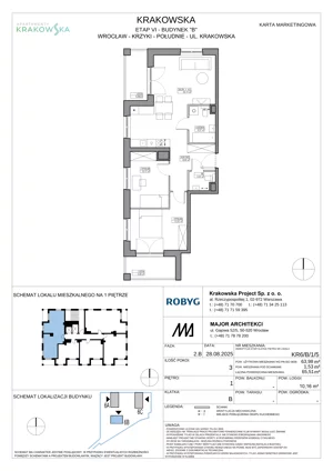 3 pokoje, mieszkanie 63,98 m², piętro 1, oferta nr KR6/B/1/5, Apartamenty Krakowska 6, Wrocław, Przedmieście Oławskie, Krzyki, ul. Krakowska