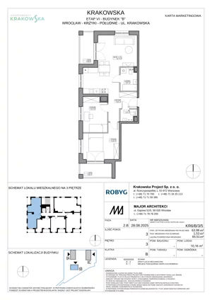 3 pokoje, mieszkanie 63,98 m², piętro 3, oferta nr KR6/B/3/5, Apartamenty Krakowska 6, Wrocław, Przedmieście Oławskie, Krzyki, ul. Krakowska