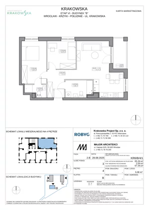 3 pokoje, mieszkanie 65,34 m², piętro 4, oferta nr KR6/B/4/1, Apartamenty Krakowska 6, Wrocław, Przedmieście Oławskie, Krzyki, ul. Krakowska