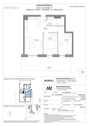 3 pokoje, mieszkanie 57,56 m², piętro 2, oferta nr KR6/A/2/4, Apartamenty Krakowska 6, Wrocław, Przedmieście Oławskie, Krzyki, ul. Krakowska
