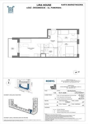 3 pokoje, mieszkanie 45,45 m², piętro 4, oferta nr LH/LHA/B/4/1, Lira House, Łódź, Śródmieście, ul. Pomorska