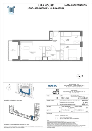 3 pokoje, mieszkanie 45,45 m², piętro 6, oferta nr LH/LHA/B/6/1, Lira House, Łódź, Śródmieście, ul. Pomorska