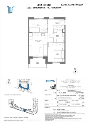 3 pokoje, mieszkanie 49,14 m², piętro 3, oferta nr LH/LHA/B/3/4, Lira House, Łódź, Śródmieście, ul. Pomorska