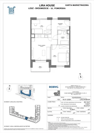 3 pokoje, mieszkanie 49,14 m², piętro 4, oferta nr LH/LHA/B/4/4, Lira House, Łódź, Śródmieście, ul. Pomorska
