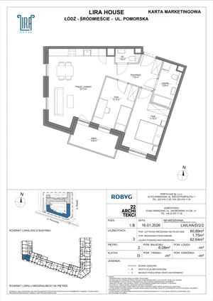 3 pokoje, mieszkanie 60,89 m², piętro 2, oferta nr LH/LHA/D/2/2, Lira House, Łódź, Śródmieście, ul. Pomorska