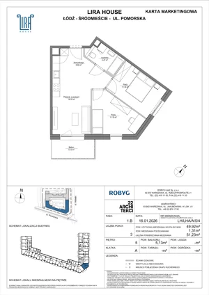 3 pokoje, mieszkanie 49,92 m², piętro 5, oferta nr LH/LHA/A/5/4, Lira House, Łódź, Śródmieście, ul. Pomorska