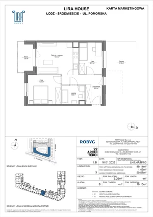 3 pokoje, mieszkanie 49,92 m², piętro 5, oferta nr LH/LHA/A/5/4, Lira House, Łódź, Śródmieście, ul. Pomorska