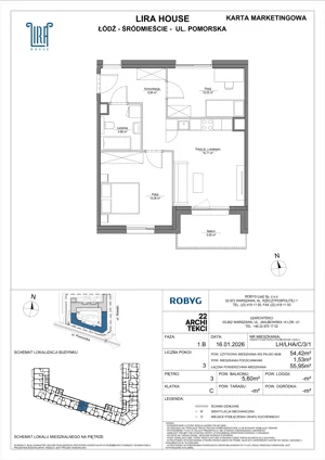 3 pokoje, mieszkanie 54,42 m², piętro 3, oferta nr LH/LHA/C/3/1, Lira House, Łódź, Śródmieście, ul. Pomorska