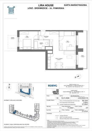 3 pokoje, mieszkanie 56,23 m², piętro 1, oferta nr LH/LHA/A/1/4, Lira House, Łódź, Śródmieście, ul. Pomorska