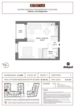 1 pokój, mieszkanie 35,50 m², piętro 1, oferta nr C.1.M03, ETERNA, Gdańsk, Śródmieście, ul. Stępkarska