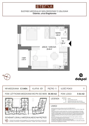 1 pokój, mieszkanie 35,90 m², piętro 1, oferta nr C.1.M04, ETERNA, Gdańsk, Śródmieście, ul. Stępkarska