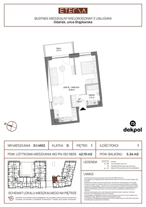 1 pokój, mieszkanie 42,19 m², piętro 1, oferta nr D.1.M02, ETERNA, Gdańsk, Śródmieście, ul. Stępkarska