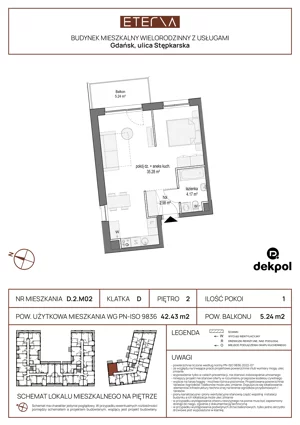 1 pokój, mieszkanie 42,43 m², piętro 2, oferta nr D.2.M02, ETERNA, Gdańsk, Śródmieście, ul. Stępkarska